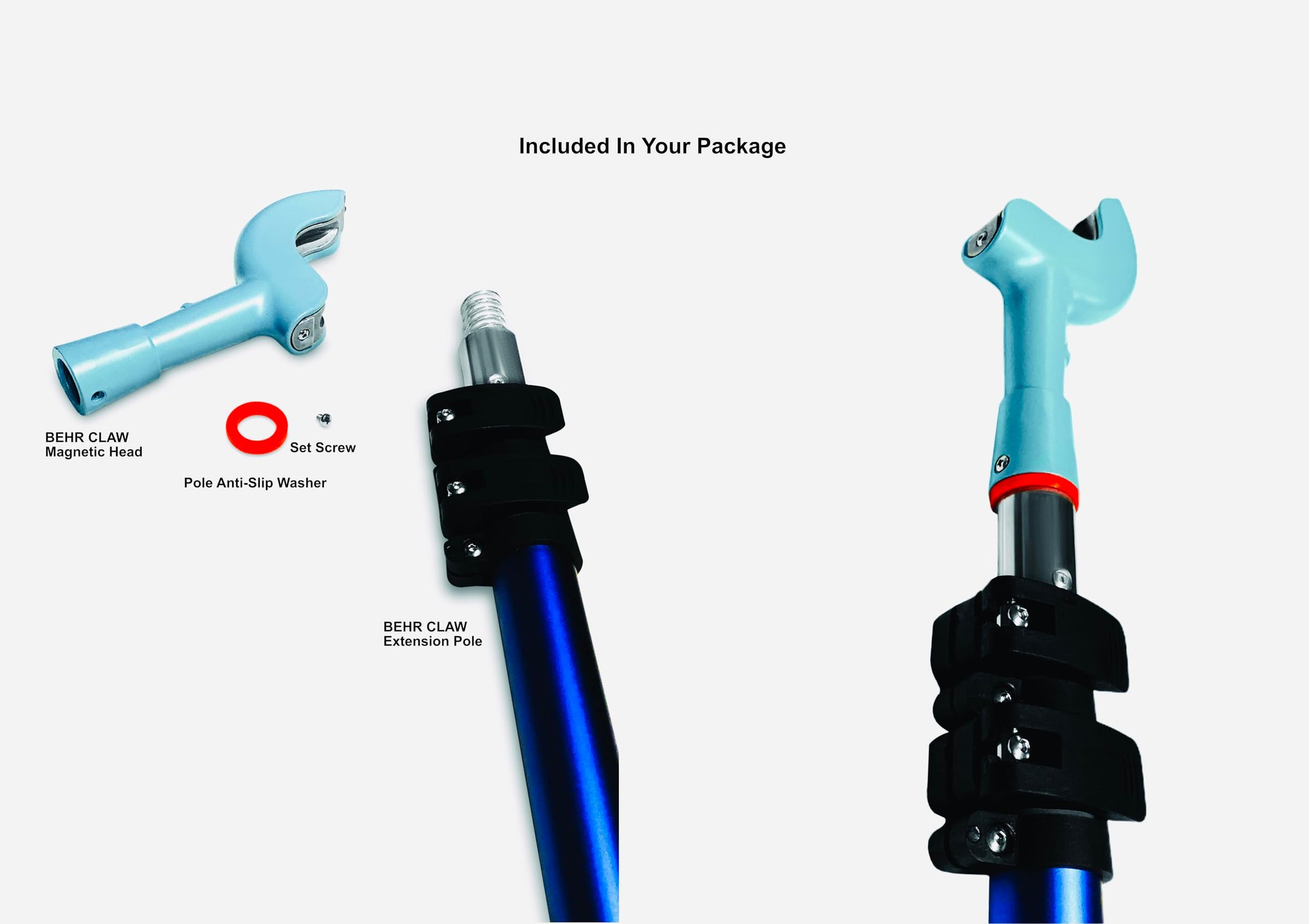 Aluminum extendable pole with BEHR CLAW magnetic head for marine winch hook retrieval.